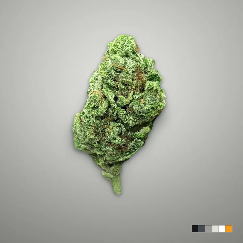 Blue Dream THCA flower, light-dep, on a grey card