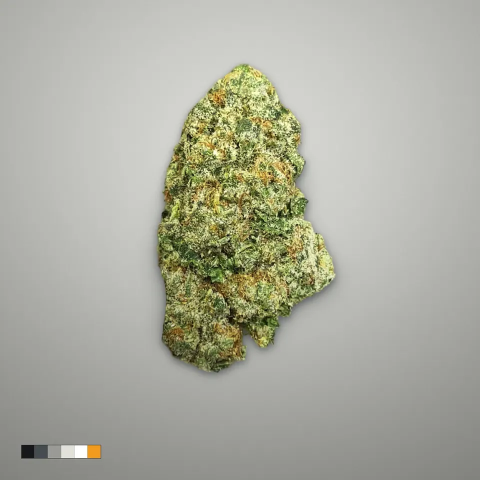 Blue Meteorite THCA flower, greenhouse, on a grey card