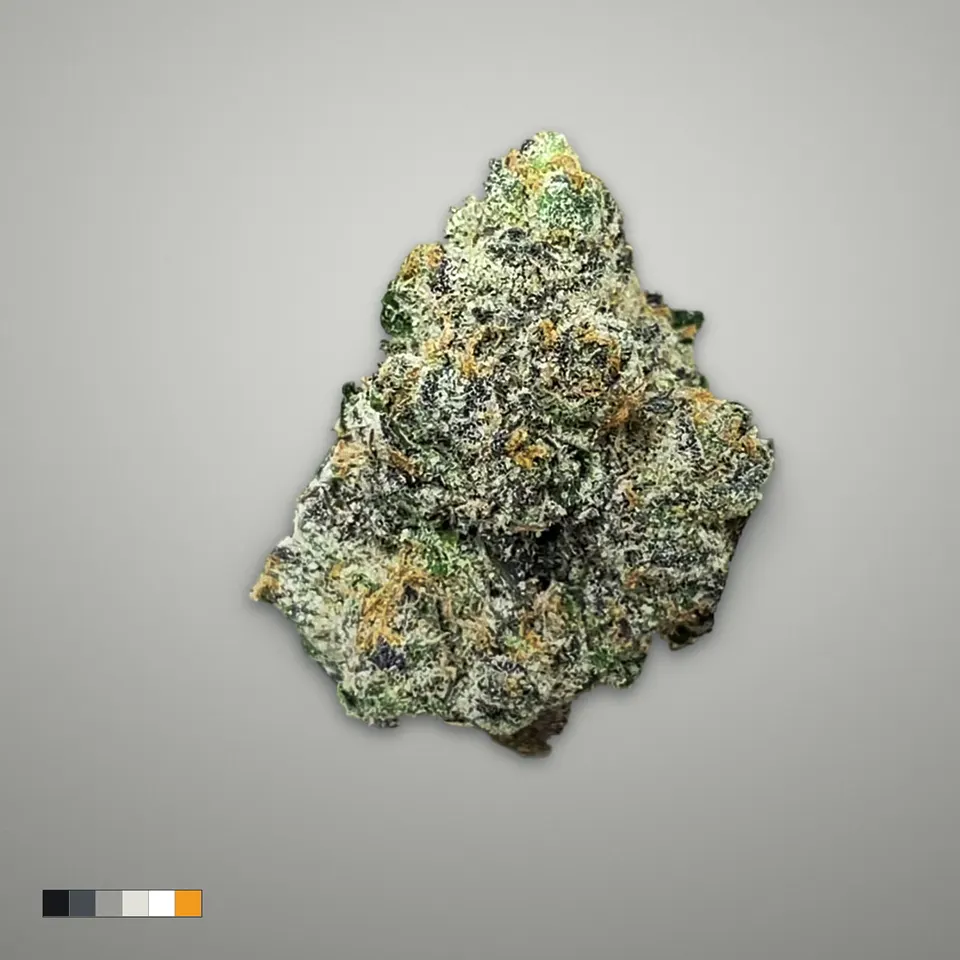 Candy Yamz THCA flower, indoor, on a grey card