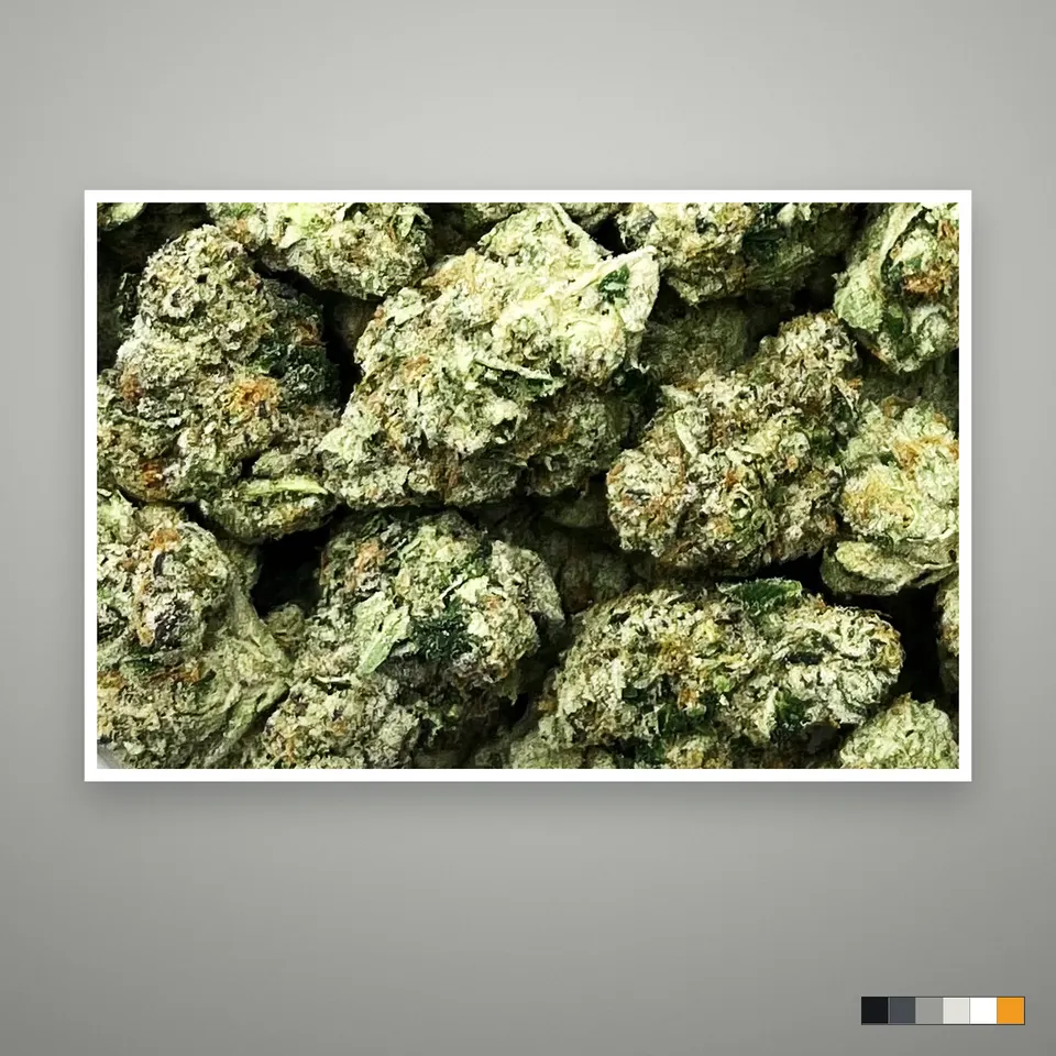 E-85 THCA flower, indoor, the lot as it grades, print on a grey card