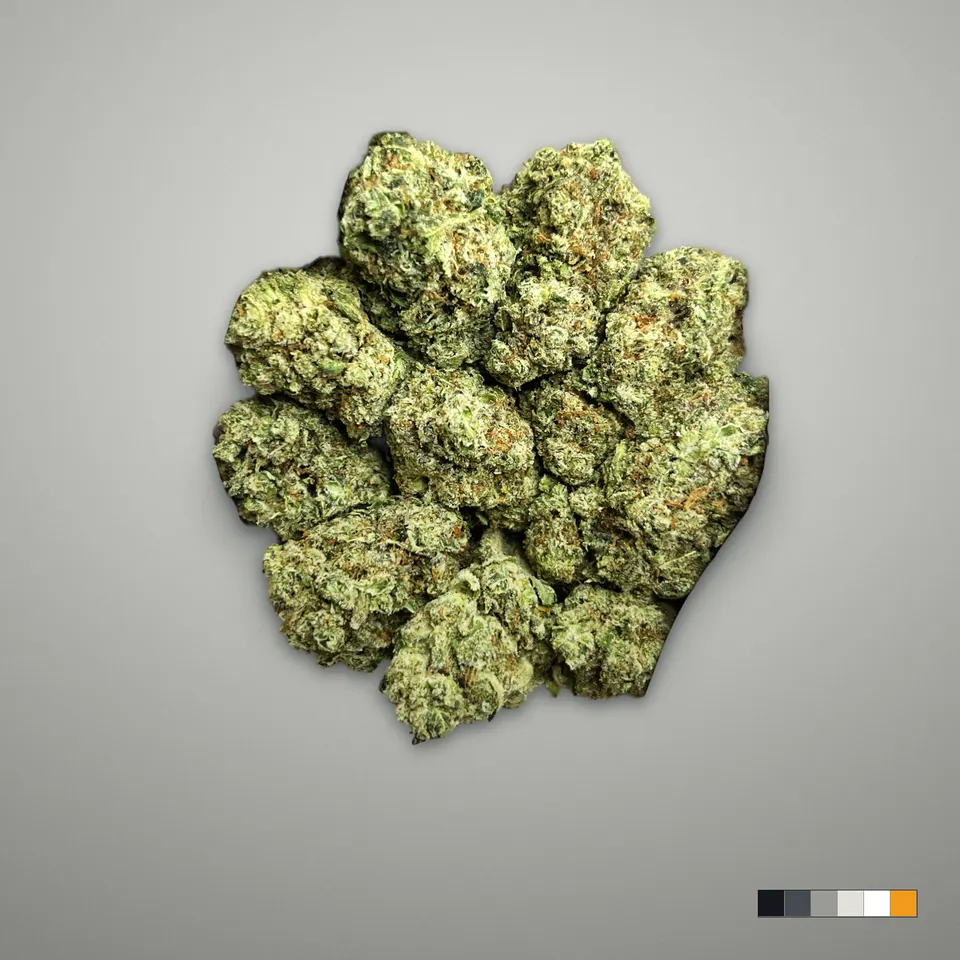 G41 THCA flower, greenhouse, on a grey card