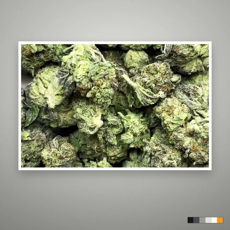 Gelato 45 THCA flower, greenhouse, the lot as it grades, print on a grey card