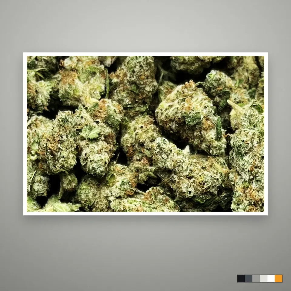 Glue Dawg THCA flower, greenhouse, the lot as it grades, print on a grey card