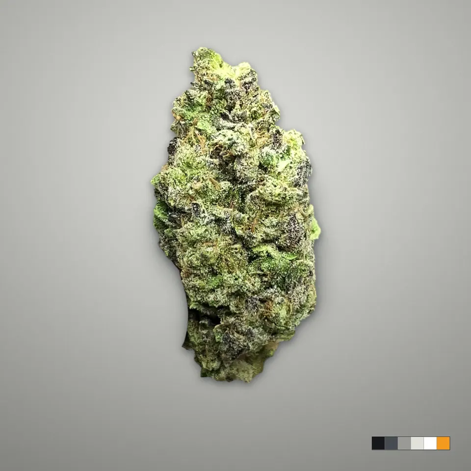 GMO THCA flower, light-dep, on a grey card