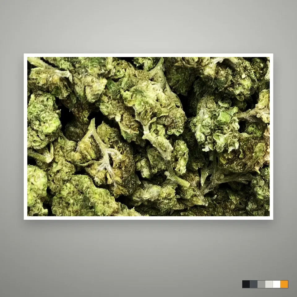 Grease Monkey THCA flower, greenhouse, the lot as it grades, print on a grey card