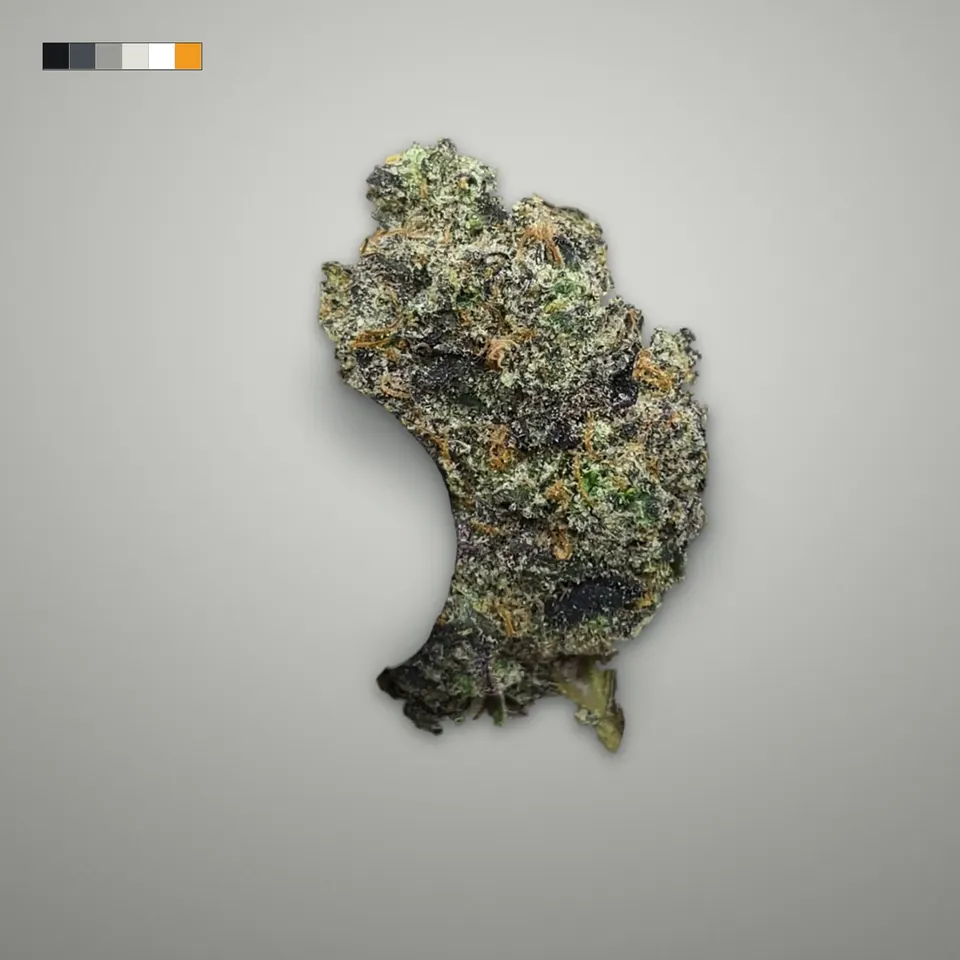 Gumbo THCA flower, indoor, on a grey card