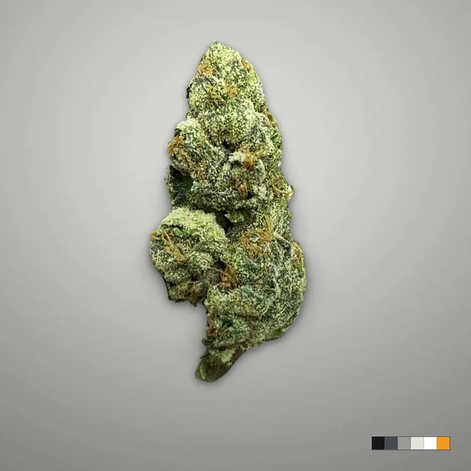 Gumbo Mintz THCA flower, indoor, on a grey card