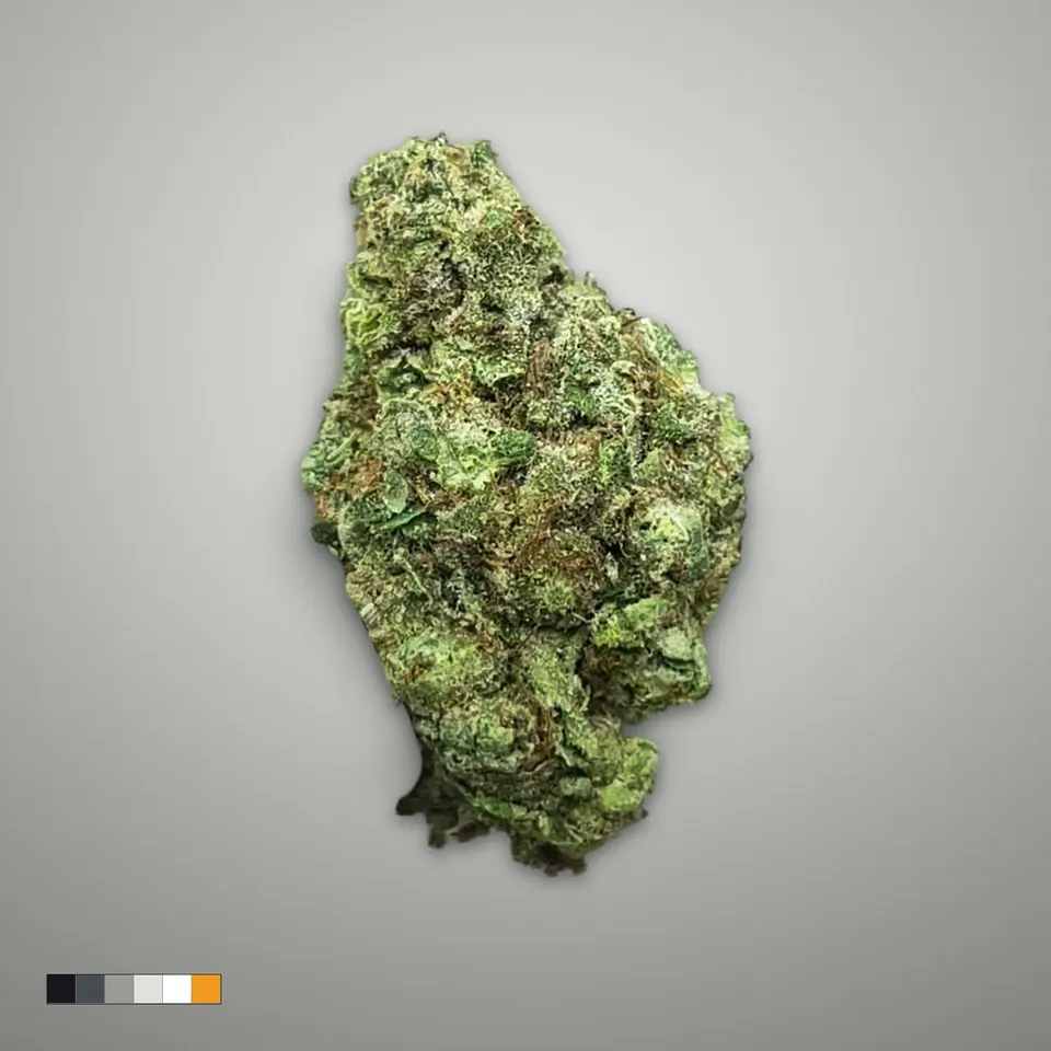 Kandy Kush THCA flower, greenhouse, on a grey card