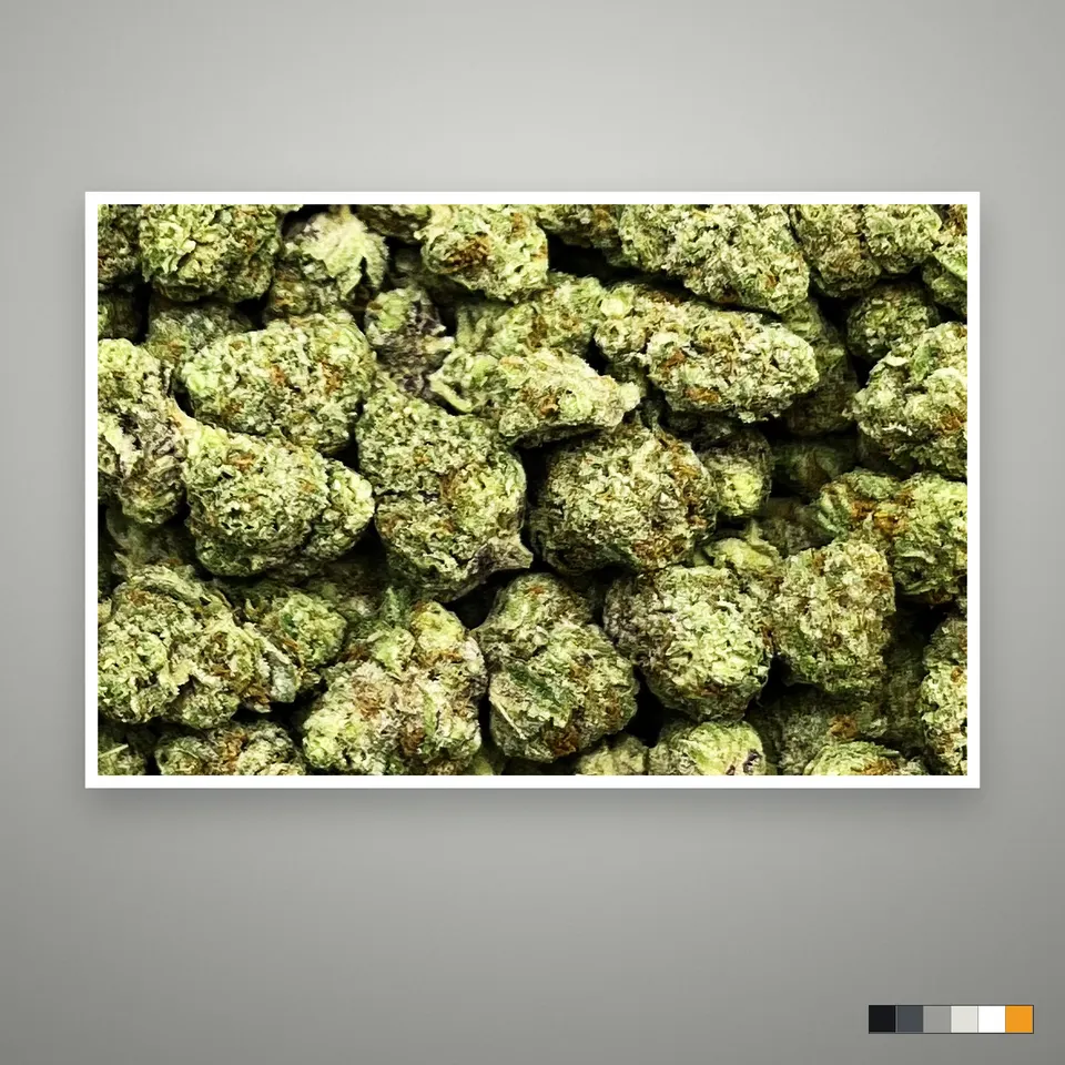 Kept Secret THCA flower, smalls, the lot as it grades, print on a grey card