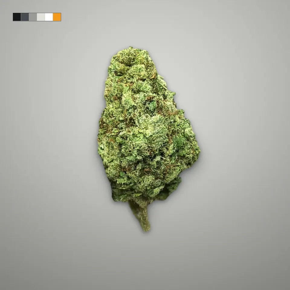 Lemon Kush THCA flower, indoor, on a grey card