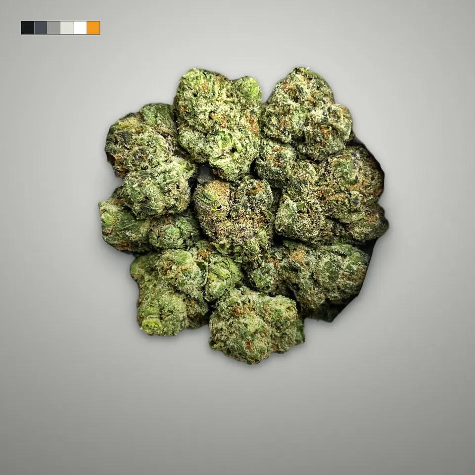 LFG THCA flower, greenhouse, on a grey card