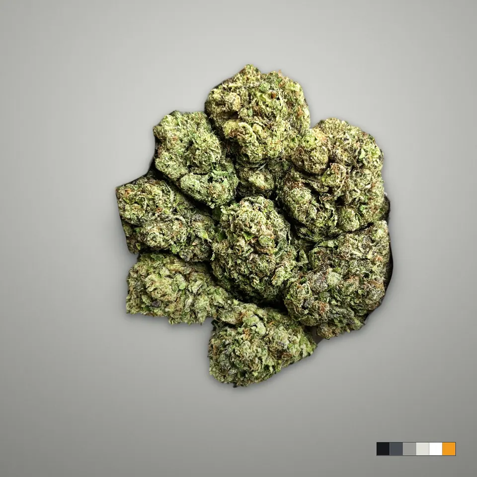 Lipsmackers THCA flower, light-dep, on a grey card