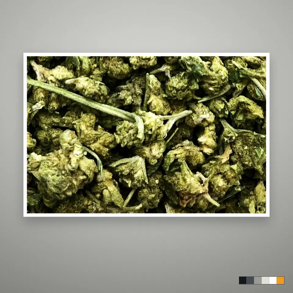 Mixed THCA flower, smalls, the lot as it grades, print on a grey card