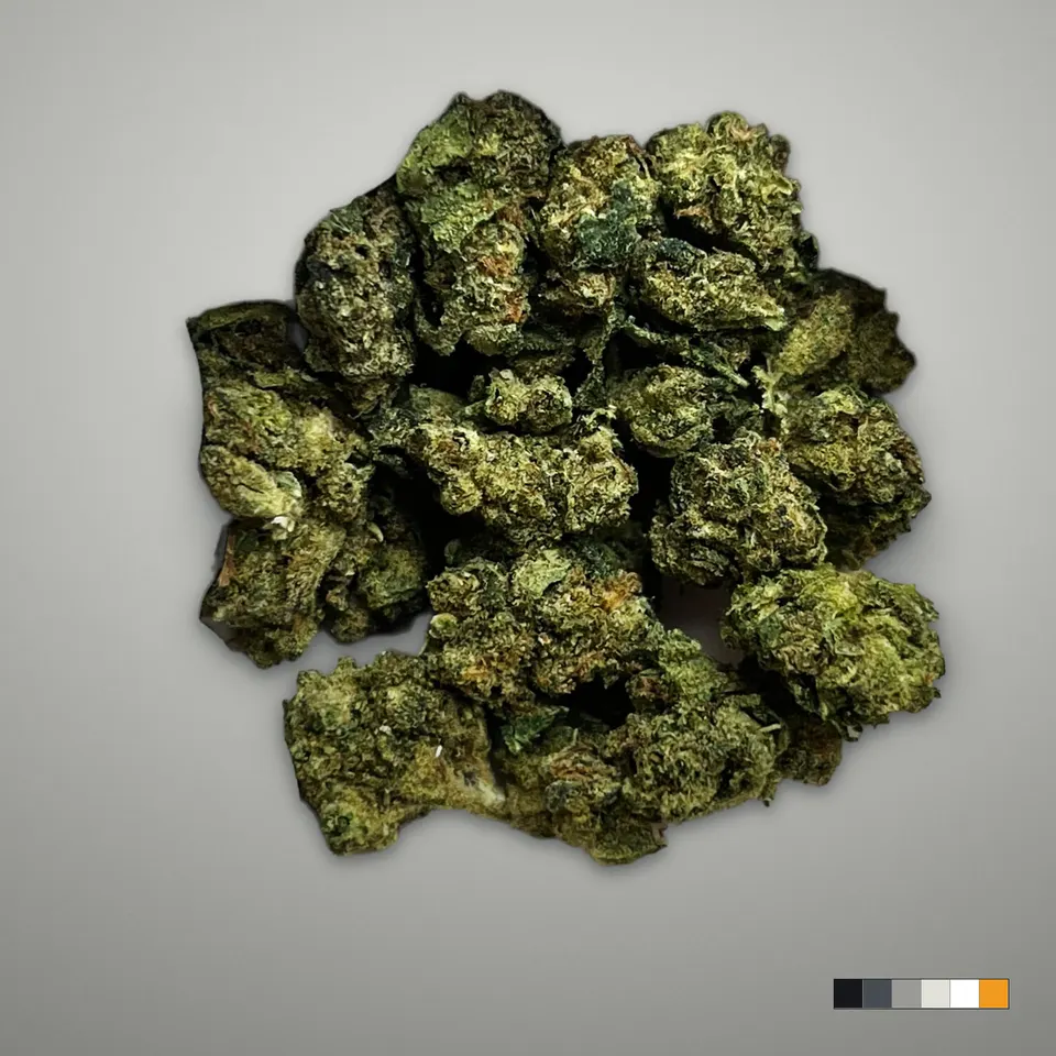 Mixed THCA flower, smalls, on a grey card