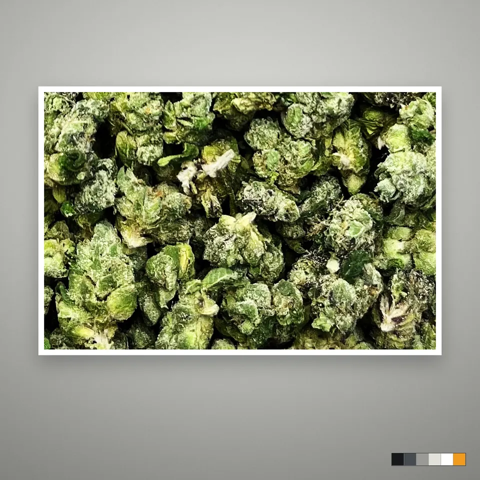 MOB THCA flower, smalls, the lot as it grades, print on a grey card
