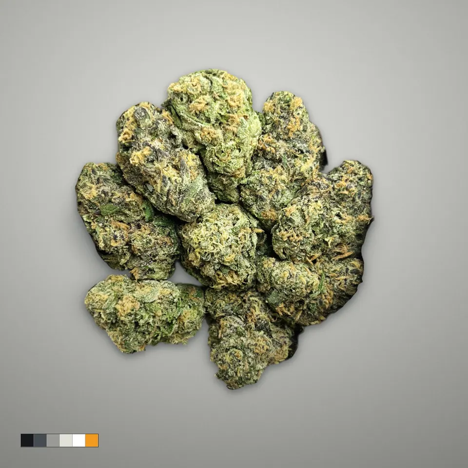 Pheno Hunt THCA flower, indoor, on a grey card