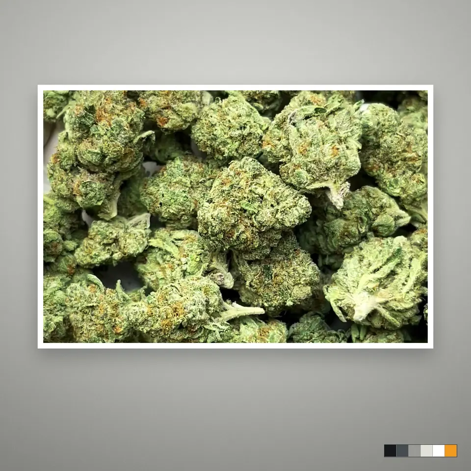 Pineapple Express THCA flower, indoor, the lot as it grades, print on a grey card, lot 1