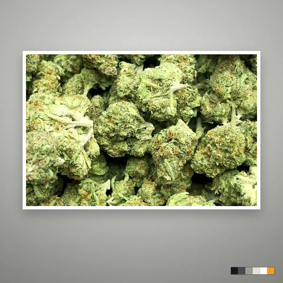 Pineapple Supreme THCA flower, indoor, the lot as it grades, print on a grey card