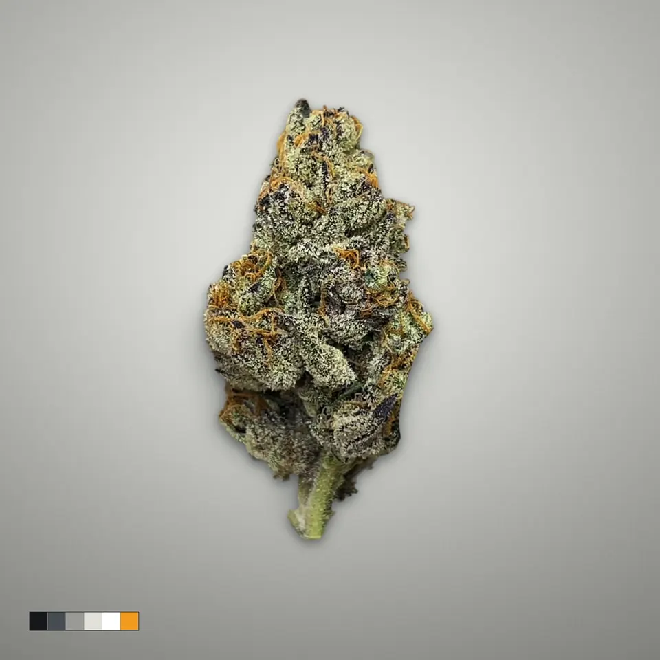Pink Runtz THCA flower, indoor, on a grey card, lot 1