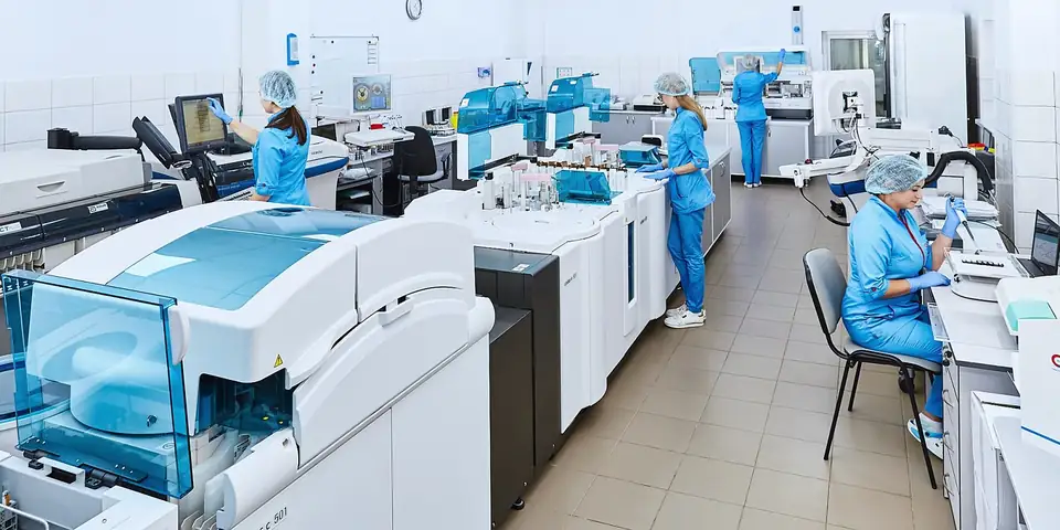 Wide view of a modern testing laboratory with analysers